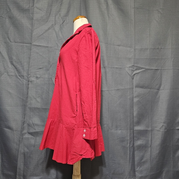 Red Cotton Ruffle Hem Button-Up Dress - Picture 2 of 8